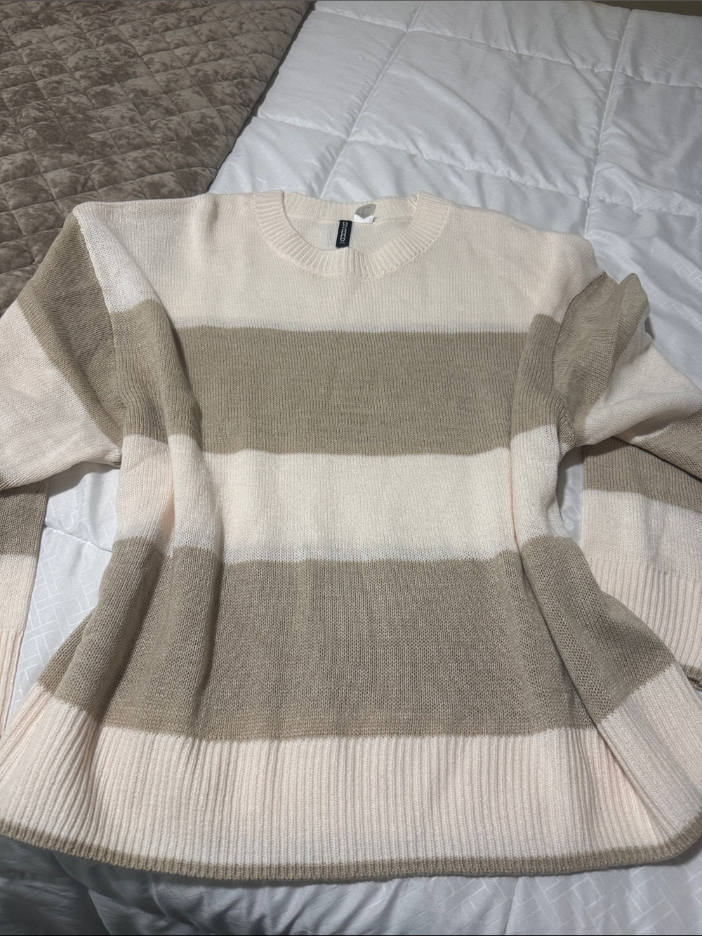Divided Wide-Stripe Crewneck Sweater in Cream & Taupe